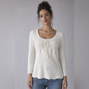 Y2K Cream Lace Knit Babydoll Sweater Angora Blend Tie Waist Cottagecore XS